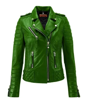 Women's Green Motorcycle Biker Jackets Cafe Racer Retro Slim Fit Jackets