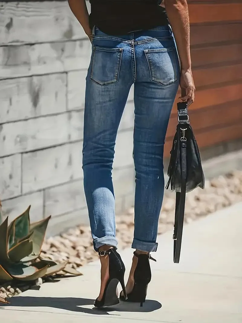 Women's Skinny Jeans - High-Waisted Stretch Denim - Button-Fly - Distressed Cuffed Hem