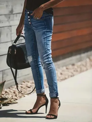 Women's Skinny Jeans - High-Waisted Stretch Denim - Button-Fly - Distressed Cuffed Hem