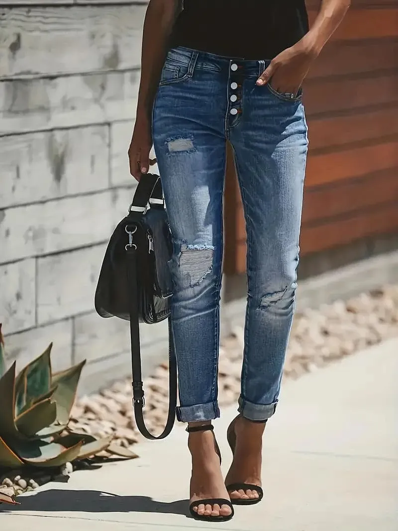 Women's Skinny Jeans - High-Waisted Stretch Denim - Button-Fly - Distressed Cuffed Hem