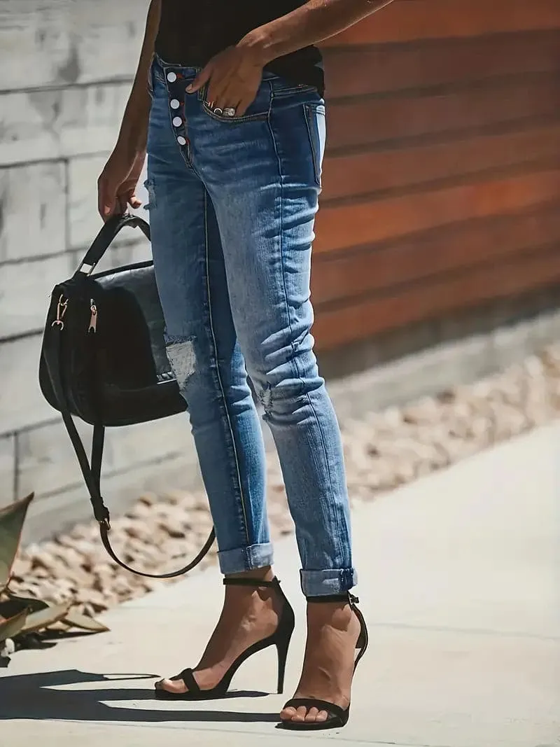Women's Skinny Jeans - High-Waisted Stretch Denim - Button-Fly - Distressed Cuffed Hem