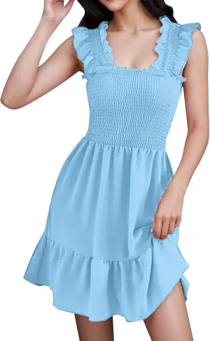 Womens Summer Casual Sleeveless Dresses Square Neck Smocked Ruffle Backless Boho Mini Dress 2024 Trendy Beach Short Sundress