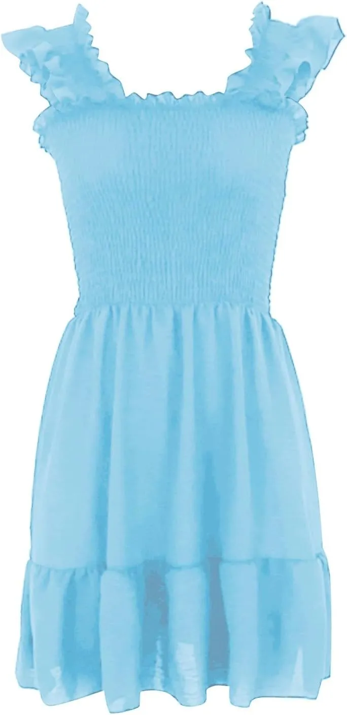 Womens Summer Casual Sleeveless Dresses Square Neck Smocked Ruffle Backless Boho Mini Dress 2024 Trendy Beach Short Sundress